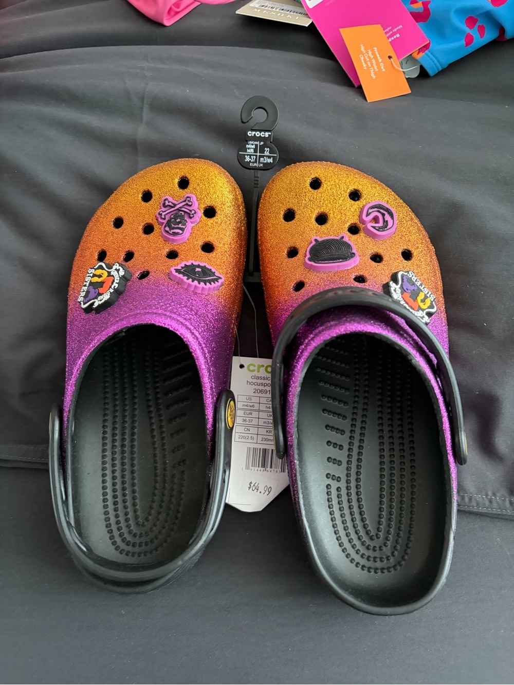 CROCS Hocus Pocus Classic Glitter Clog in Orange to Purple Ombre with Jibbitz